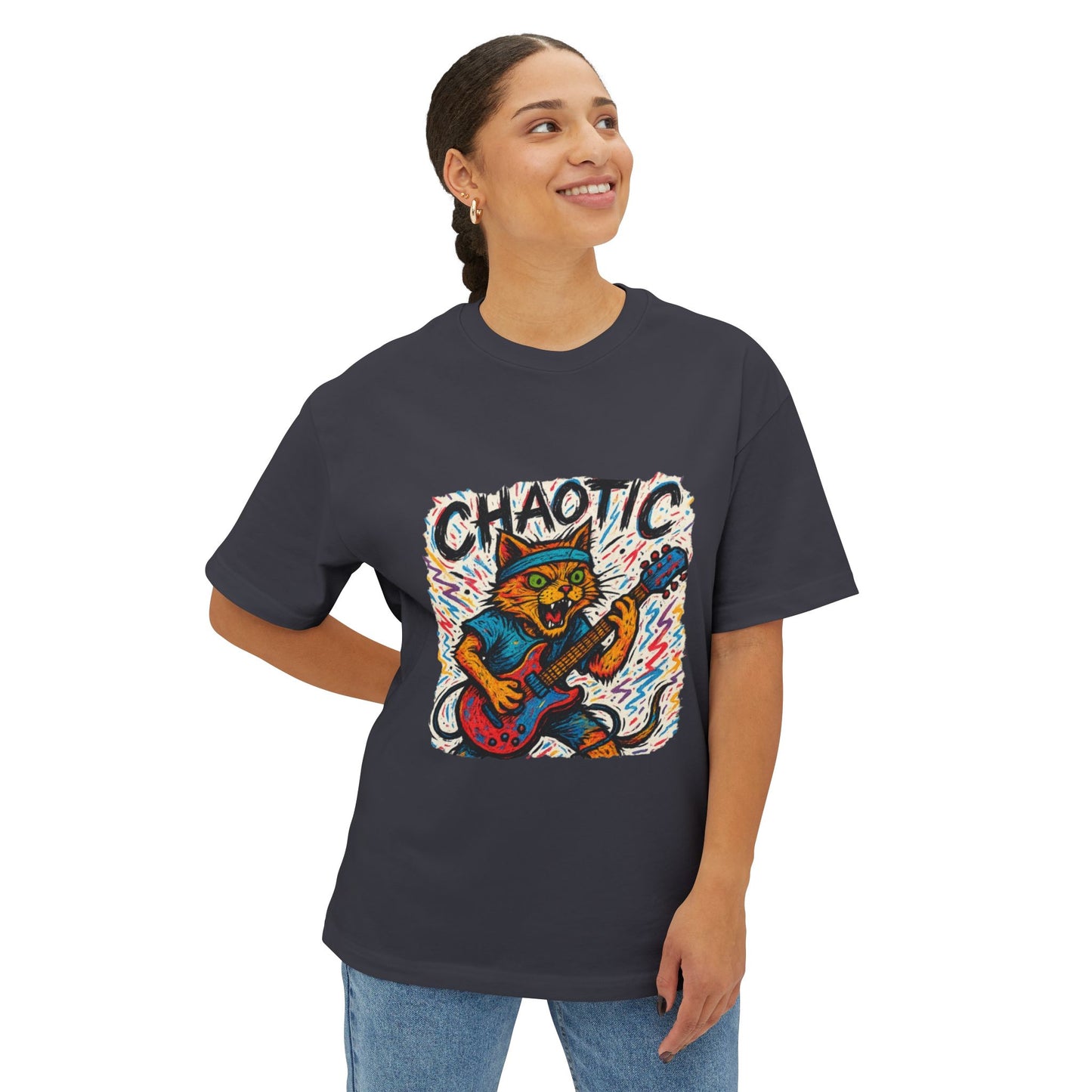 Chaotic Cat Graphic Tee, Unisex Oversized