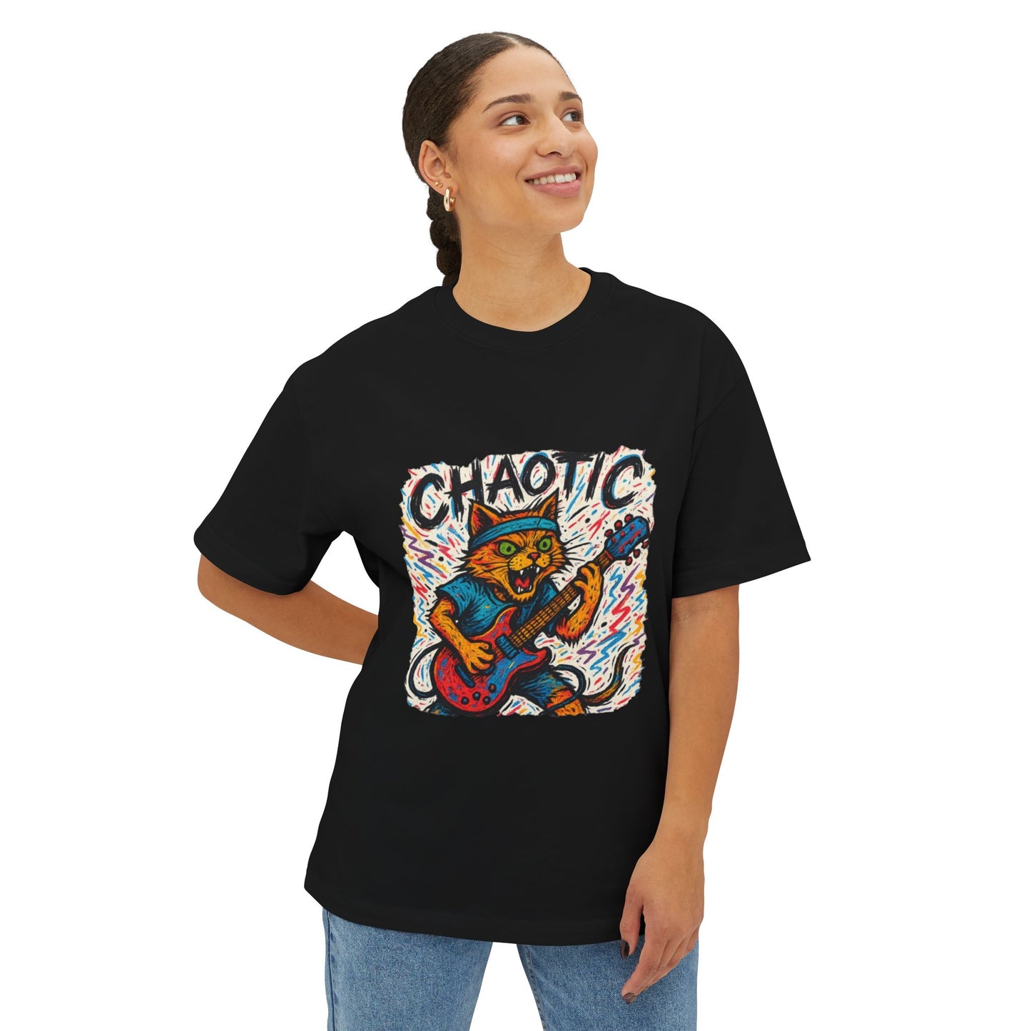 Chaotic Cat Graphic Tee, Unisex Oversized