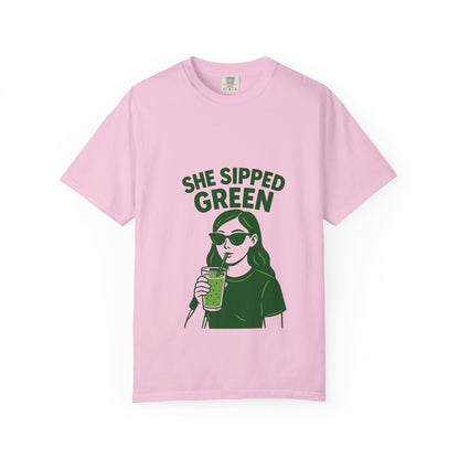 Matcha Garment-Dyed T-Shirt - "She Sipped Green"